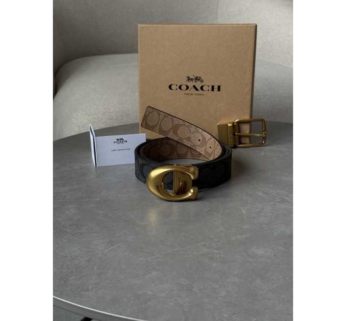Стильний ремінь Coach із сіро-коричневою канвою та двома змінними бляхами